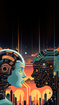 Close up of to human heads facing each other, futuristic cityscape background, vibrant colors with orange hues, symbolizing integration of AI technology and humans. Black background, copy space, 9:16
