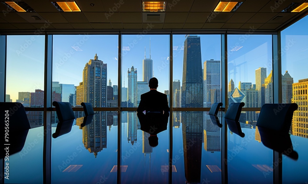 Aufkleber a man sitting at a table in front of large windows. ai.