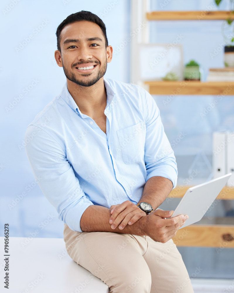 Aufkleber Portrait, man and smile with tablet in office, IT consultant with network maintenance or software update. Happy, professional and computer software engineering with tech support and cybersecurity