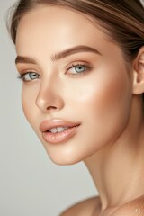 A woman with a very natural looking face posing for the camera. AI.