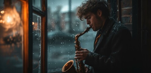 A man playing the saxophone in front of a window. AI.