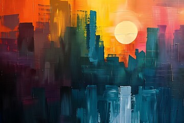 : An abstract interpretation of a skyline with a stylized sunset and a calming color palette, creating a peaceful and inviting atmosphere.
