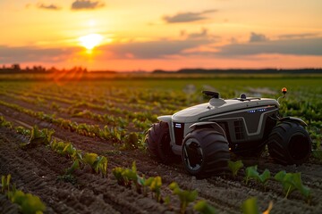 : An autonomous farm tractor in a field at sunrise, with rows of crops stretching into the distance.