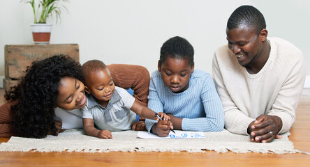 Black family, drawing and lying on living room floor with children for bonding, learning or helping...