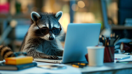 A delightful photograph featuring a baby raccoon with glasses