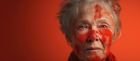 Older lady with red paint on face looking at camera