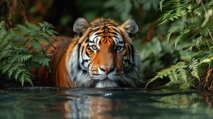 Tiger in Water Amidst Ferns