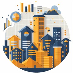Naklejka premium A cityscape with tall buildings and a clock tower in the center. The buildings are in various shades of blue and orange, and the city appears to be bustling with activity. Concept of urban life