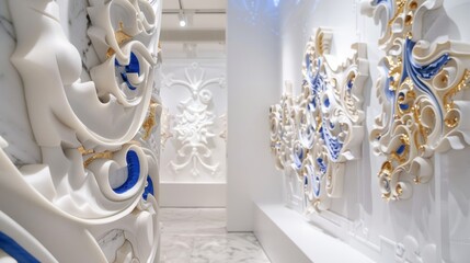 the emotional impact of encountering a gallery filled with marble carvings sculpted with intricate DMT shapes, their blue and gold embellishments gleaming against the pristine white walls.  