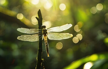 Sunlit Dragonfly with Forest Bokeh - Powered by Adobe