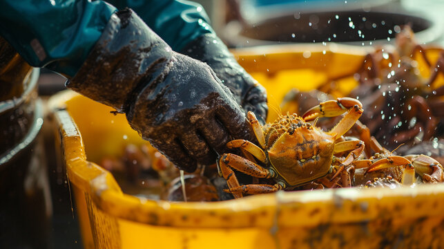 An alluring close-up image featuring the hands-on process of offloading freshly caught crabs from fishing boats