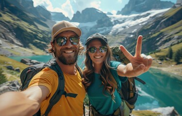 Young Couple hikers climbing the cliff taking selfie pic with smart mobile phone on top of the mountain - Sport, technology and travel life style concept - obrazy, fototapety, plakaty