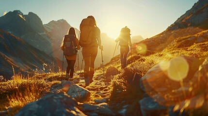 Group tourists of hiker sporty people walks in mountains at sunset with backpacks. Concept adventure with copy space