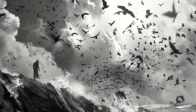Bring to life a tale of survival through a dynamic birds-eye view animation style, using black and white photography to enhance the dramatic storytelling Create a series of images that evoke a sense o