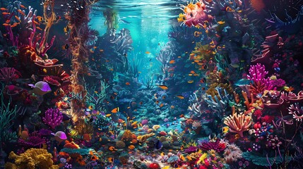 Explore the depths of creativity with a digital rendering of underwater worlds intertwined with biographical stories Play with color theory to evoke emotions and captivate viewers in a mesmerizing pan
