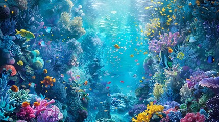 Obraz premium Explore the depths of creativity with a digital rendering of underwater worlds intertwined with biographical stories Play with color theory to evoke emotions and captivate viewers in a mesmerizing pan