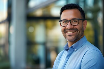 Obraz premium smiling businessman wearing glasses and shirt standing in front of an office building, bokeh background with copy space. generative AI