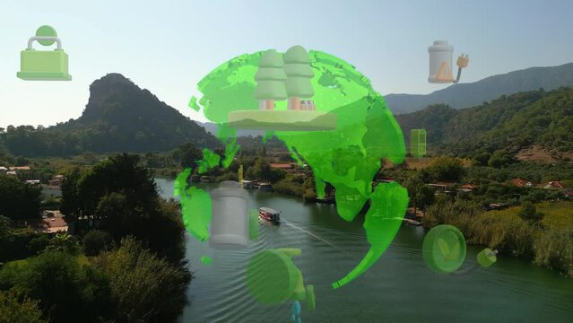 Green forest aerial view and environmental technology concept. Green tech. Ecology. Green transformation. GX. SDGs. High quality 4k footage
