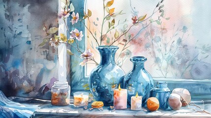 Home Decor Crafts Watercolor depiction of a DIY home decor workshop with handpainted vases and homemade candles ready to beautify a home crafty and stylish - obrazy, fototapety, plakaty