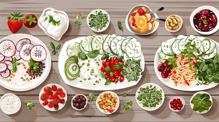 Raw Food Platters Illustration of a beautifully arranged platter of raw foods including sliced fruits sprouts nuts and raw vegetable dips presented elegantly on a minimalist modern table