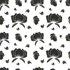 Seamless pattern with abstract poppy flowers black silhouettes on white background