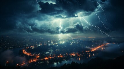 Dangerous thunderstorm over the city at nigh - obrazy, fototapety, plakaty