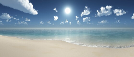 Sandy beach of the seashore at sunset, blue sky with clouds over the sand shore, 3D rendering - 790568668