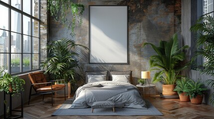 Poster mockup on bedroom wall, with 3D illustration background.