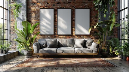 Framed posters composition with vintage hipster loft interior background, 3D rendering