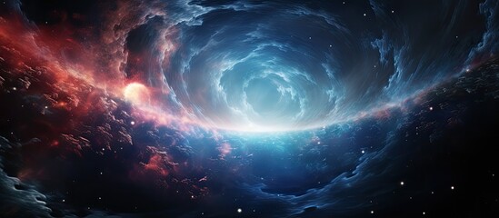 A dark blue and red spiral with stars in the background