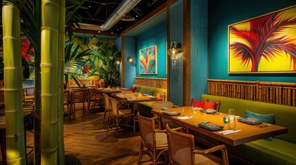 tropical-themed restaurant interior with bamboo accents, palm leaf wallpaper, and vibrant colors,...