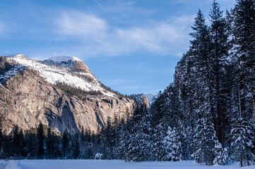 A winter landscape in Yosemite valley, just before sunset.