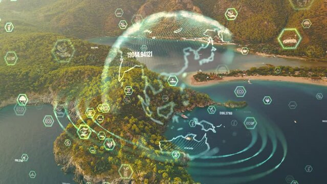 Green forest aerial view and environmental technology concept. Green tech. Ecology. Green transformation. GX. SDGs. High quality 4k footage