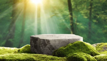Fotobehang Forest Oasis Showcase: 3D Stone Podium with Moss for Beauty Products © Dostain