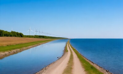 Fototapeta na wymiar A long path along the shore of a calm (lake, with wind turbines in the distance against a clear blue sky)