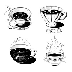 Set Abstract Collection Hand Drawn Kitchen Stuff A Cup Of Tea Doodle Concept Vector Design Outline Style On White Background Isolated For Cooking