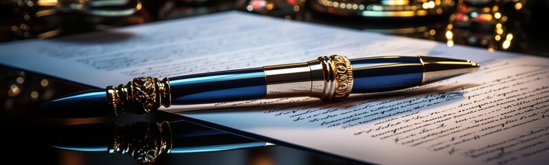 Pen on the background of a fountain pen and a business contract. - obrazy, fototapety, plakaty