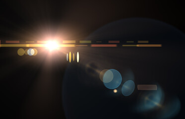 Lens flare and light overlay on black background. orange color. Lens Flare, Sun Flare on black...