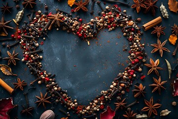 Spices in heart shape frame on dark blue gray background, concept of love and warm, mulled wine, spicy banner, aromatic wallpaper