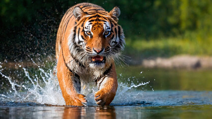 Siberian Tiger running in water, Panthera tigris altaica - obrazy, fototapety, plakaty