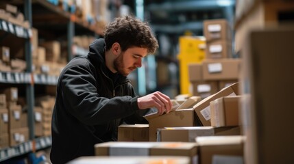 A man is packing hardwood boxes in a warehouse for an event publication. He carefully stacks the wood, making sure each box is solid. AIG41 - obrazy, fototapety, plakaty