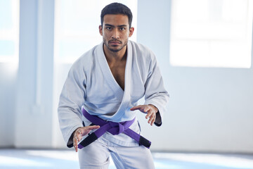 Man, portrait and ready for karate sport in fitness center for self defense, fighting or...