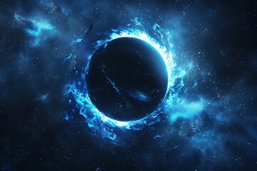 Abstract digital fictional orbit or 3d eclipse with blue glow in dark space. Sci fi conceptual art. Magic light of the universe at night. Great as background wallpaper blank or design element. .