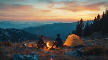 Two campers sit by a fire near a tent with a sunset over mountain range.