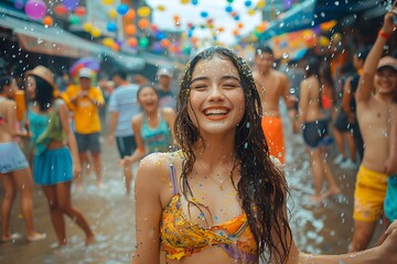 A beautiful woman who is extremely happy, It was as if in her mind she saw herself happily dancing outdoors with her friends in the rain the lights lit up with beautiful colors refreshing atmosphere.