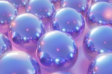 Many large blue pink purple spheres with reflection gradient inside, volume geometric shiny wallpaper, banner
