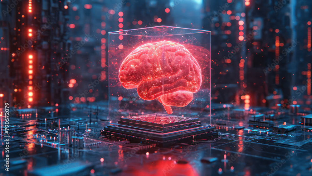 Poster Glowing Artificial Intelligence Brain over Computer Electronic Circuit Boards extreme closeup. Generative AI