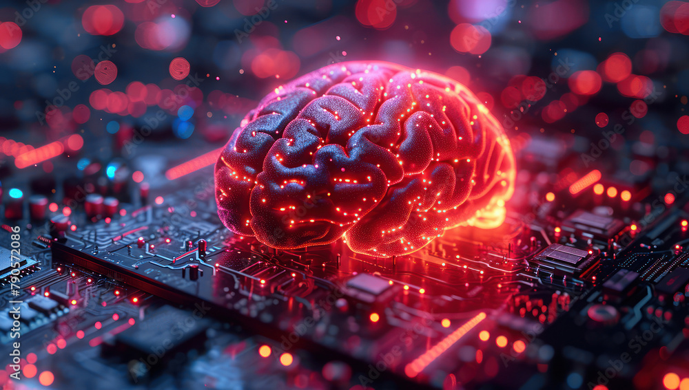 Poster glowing artificial intelligence brain over computer electronic circuit boards extreme closeup. gener
