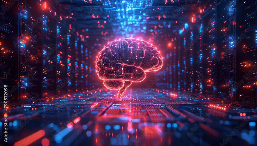 Poster Glowing Artificial Intelligence Brain over Computer Electronic Circuit Boards extreme closeup. Generative AI