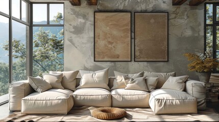 3D render, 3D illustration of a poster frame in a modern interior background, Scandinavian style, living room.......
